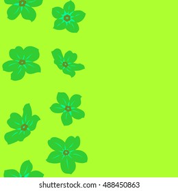 Vector seamless pattern of vertical stylized floral motif, forget-me-not flowers, hole, spots, doodles on green background. Hand drawn forget-me-not flowers. Copy space. Seamless floral background.