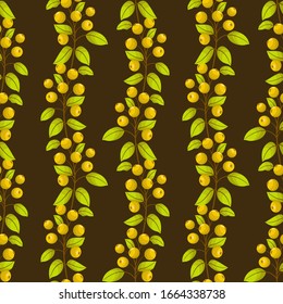 Vector seamless pattern with vertical yellow rowanberry twigs on brown background; natural design for fabric, wallpaper, wrapping paper, packaging, textile, web design.