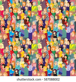 Vector Seamless Pattern. A Very Large Crowd Of Women Different Ages In Colorful Clothes. 