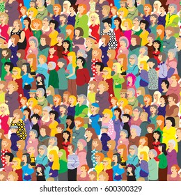 Vector Seamless Pattern. A Very Large Crowd Of People Different Ages In Colorful Clothes. 