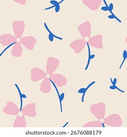 Vector seamless pattern with vibrant flowers. Hand drawn charming background with botanical elements. Flat colorful pattern for wrapping paper, textile. Lovely vector floral pattern