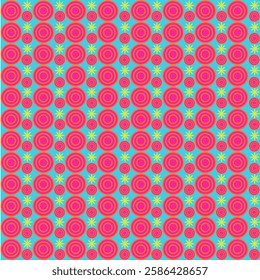 Vector, Seamless Pattern, 
Vibrant Geometric Pattern, Repeating Circles and Stars Design, Eye-Catching Pink and Blue Pattern, Playful Design for Modern Projects, Festive Party Pattern, Colorful Circle