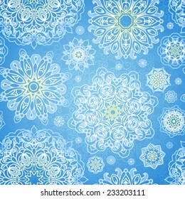 Vector seamless pattern with Victorian snowflakes. Blue ornate element for New Year's and Merry Christmas design. Vintage ornamental lace background. Elegant winter lacy decor.