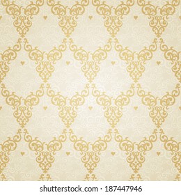 Vector seamless pattern in Victorian style. Element for design. Ornamental backdrop. Golden floral background. Ornate decor for wallpaper. Endless texture. Deluxe pattern fill.