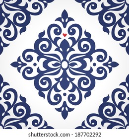 Vector seamless pattern in Victorian style. Element for design. Ornamental backdrop. Contrast floral ornament on white background. Ornate decor for wallpaper. Endless texture. Deluxe pattern fill.