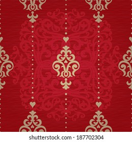 Vector seamless pattern in Victorian style. Element for design. Ornamental backdrop. Golden floral ornament on red background. Ornate decor for wallpaper. Endless texture. Deluxe pattern fill.