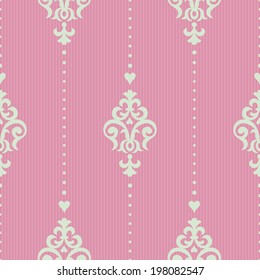 Vector seamless pattern in Victorian style. Element for design. Ornamental backdrop. Light lace background. Ornate floral decor for wallpaper. Endless texture. Bright pink pattern fill.