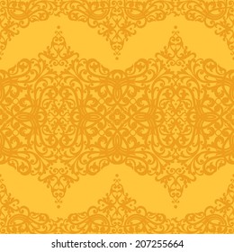 Vector seamless pattern in Victorian style. Element for design. Ornamental backdrop and yellow floral background. Ornate decor for wallpaper. Endless texture. Deluxe pattern fill.