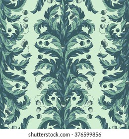 Vector seamless pattern, victorian style vintage wallpaper or textile design with oak leaves and acorns. Decorative baroque ornamental engraving illustration