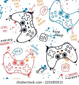 Vector Seamless pattern with video game controller illustrations and slogan texts, for t-shirt prints and other uses.