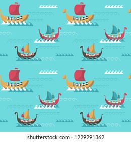 Vector seamless pattern with viking longships. Viking age ships background, wallpaper, fabric, wrapping paper.