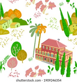 Vector Seamless Pattern Of Village Landscape With Farm, Museum And Plunts, Cypress, Palms Trees. Can Be Printed And Used As Wrapping Paper, Wallpaper, Textile, Apparel, Fabric Etc.