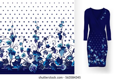 Vector seamless pattern of vines with leaves, flowers and berries on classic women's dress mockup. Hand-drawn ornate pattern with an example of application. 