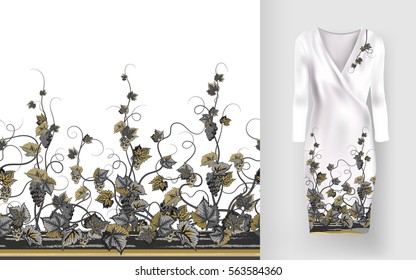 Vector seamless pattern of vines with leaves and berries on classic women's dress mockup. Hand-drawn ornate pattern with an example of application. 