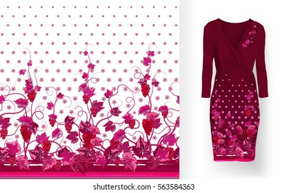 Vector seamless pattern of vines with leaves, flowers and berries on classic women's dress mockup. Hand-drawn ornate pattern with an example of application. 