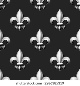 Vector Seamless Pattern with Vintage 3d Realistic Metal Fleur De Lis Closeup on Black Background. Heraldic Lily, Front View. Vector Illustration