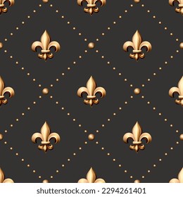 Vector Seamless Pattern with Vintage 3d Realistic Metal Golden Color Fleur De Lis Closeup on Black Background. Heraldic Lily, Front View. Vector Illustration