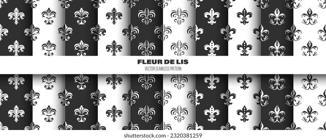 Vector Seamless Pattern with Vintage 3d Realistic White and Black Fleur De Lis. Heraldic Lily Texture, Retro Pattern for Wallpaper, Textile. Vector Illustration