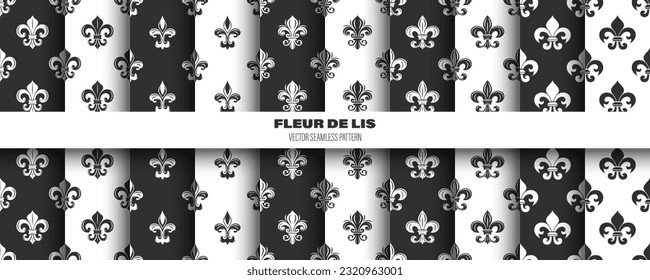 Vector Seamless Pattern with Vintage 3d Realistic White and Black Fleur De Lis. Heraldic Lily Texture, Retro Pattern for Wallpaper, Textile. Vector Illustration