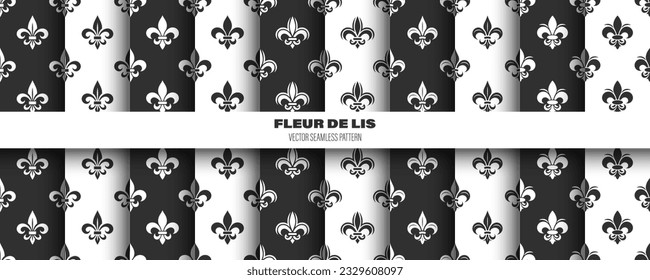 Vector Seamless Pattern with Vintage 3d Realistic White and Black Fleur De Lis. Heraldic Lily Texture, Retro Pattern for Wallpaper, Textile. Vector Illustration