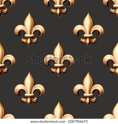 Vector Seamless Pattern with Vintage 3d Realistic Metal Fleur De Lis Closeup on Black Background. Heraldic Lily, Front View. Vector Illustration
