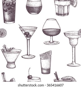 Vector seamless pattern with vintage alcoholic drinks sketch. Ink hand drawn drinks background for bar or restaurant menu 