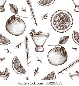 Vector seamless pattern with vintage alcoholic cocktails sketch. Ink hand drawn rosemary fizz background for bar or restaurant menu