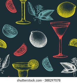 Vector seamless pattern with vintage alcoholic cocktails sketch with lime. Lime hand drawn drinks background for bar or restaurant menu