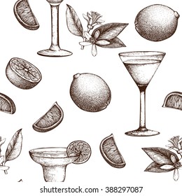 Vector seamless pattern with vintage alcoholic cocktails sketch with lime. Lime hand drawn drinks background for bar or restaurant menu isolated on white