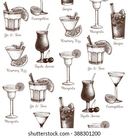 Vector seamless  pattern with vintage alcoholic cocktails sketch isolated on white. Ink hand drawn drinks and ingredients background for bar or restaurant menu