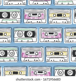 Vector seamless pattern of vintage analogue music recordable cassettes. Cartoon style illustration of of cassette tapes.