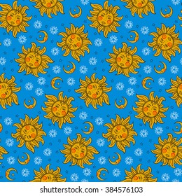 Vector seamless pattern with vintage astrology symbols sun, moon, stars. Bright colorful fun print with night, day, sky illustration in gold and blue colors. Retro astrological background. 