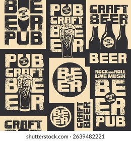 Vector seamless pattern with vintage beer, bars and breweries with bottles and glasses of craft beer. Poster, fabric, paper, wallpaper, t-shirt design. No AI used