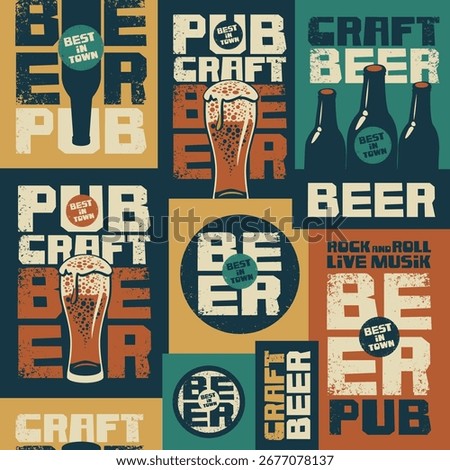 Vector seamless pattern with vintage beer, bar and brewery posters with bottles and glasses of craft beer. Suitable for decorating fabric, paper, wallpaper