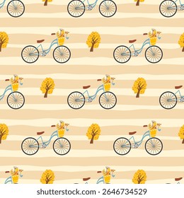 Vector Seamless pattern with vintage bicycles and autumn leaves in warm rustic tones. Hand-drawn vector design perfect for cozy seasonal textiles, wrapping paper, and childrens clothing.
