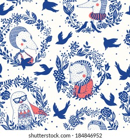 vector  seamless pattern with vintage birds and cute animals