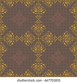 Vector seamless pattern with vintage brown, yellow and pink ornament.