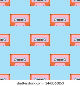 Vector seamless pattern with vintage cassettes, tapes, old music.