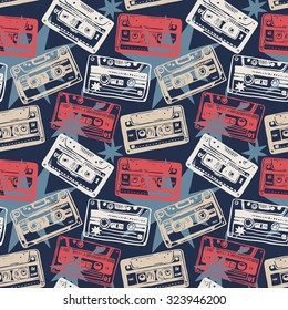 Vector seamless pattern with vintage cassettes, tapes,  old music. 