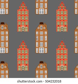 vector seamless pattern with vintage colorful houses on gray background