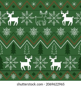 Vector seamless pattern with vintage deer, snowflakes and spruce trees motif