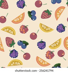 Vector seamless pattern, vintage design. Illustration, cute berries and fruit background. Color doodle background.