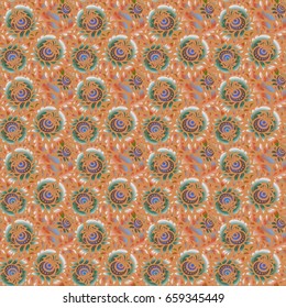 Vector seamless pattern with vintage design in Eastern style. Ornamental lace tracery. Ornate decor for fabric. Traditional arabic ornament with green, orange and blue elements.