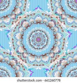 Vector seamless pattern with vintage design in Eastern style. Ornamental lace tracery. Ornate decor for fabric. Traditional arabic ornament with pink and blue elements.