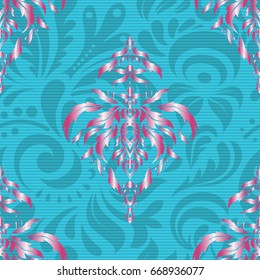 Vector seamless pattern. Vintage design in a blue and magenta colors. Damask elegant wallpaper.