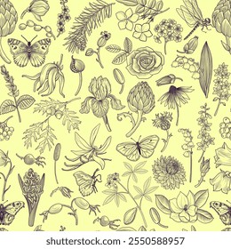 vector seamless pattern with vintage drawing flowers, leaves, tree branches, berries and butterflies, floral graphic design elements at white background, hand drawn illustration