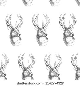 Vector seamless pattern with vintage engraved deer heads. Hand drawn texture with animal portraits isolated on white background.