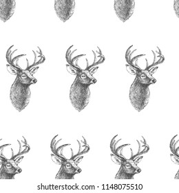 Vector seamless pattern with vintage engraved deer heads. Hand drawn texture with animal portraits isolated on white background.