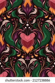 Patrón vectorial sin fisuras con adorno floral vintage. Tejido barroco con flores y follaje sobre un fondo oscuro. fondo de pantalla de damasco de lujo