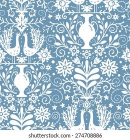 vector seamless pattern with vintage floral elements, peacocks and vases